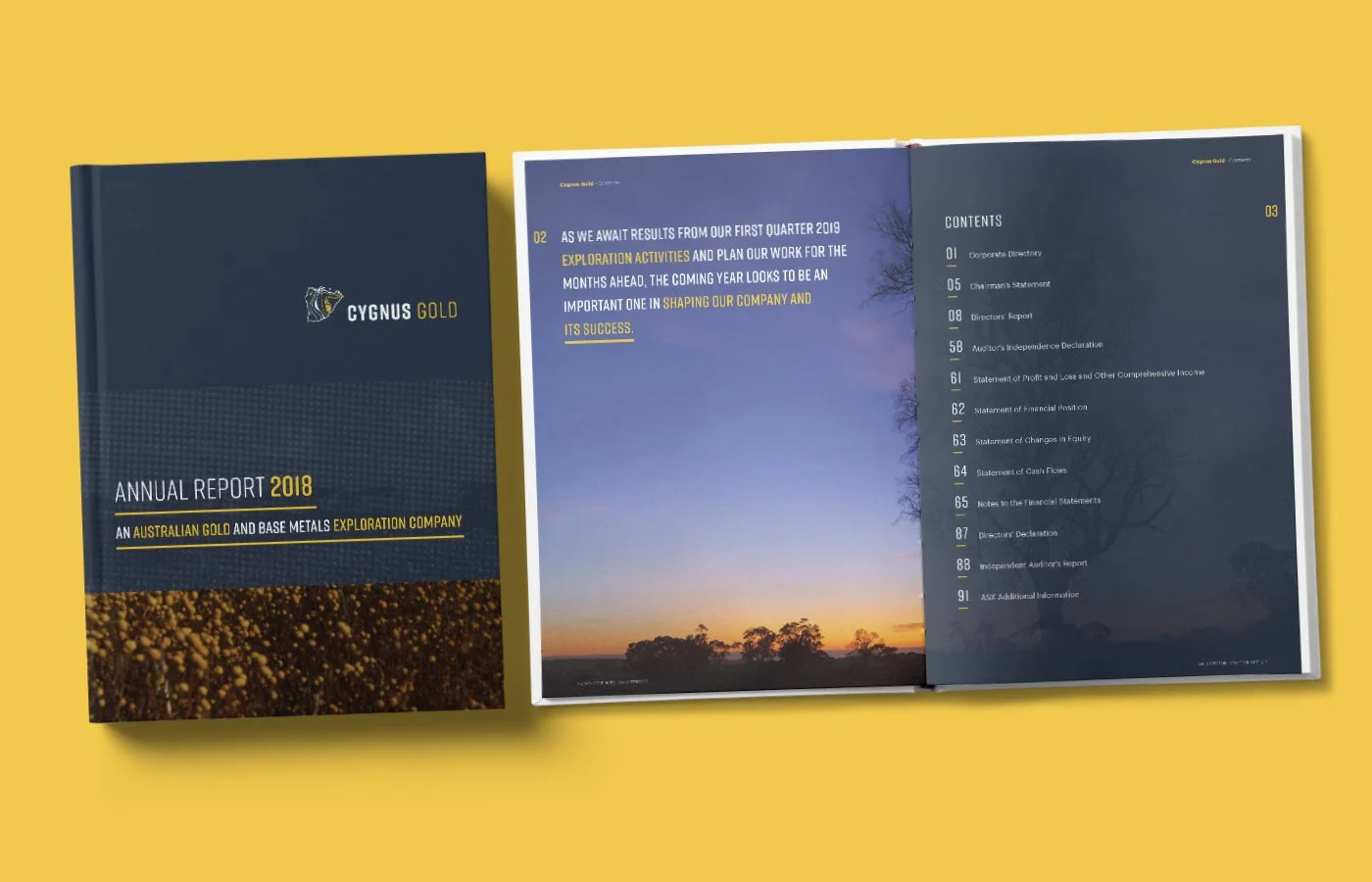 Open annual report for Cygnus Gold, featuring a dark blue cover with a gold logo, and an inside page displaying a sunset landscape with a timetable on a blue background.