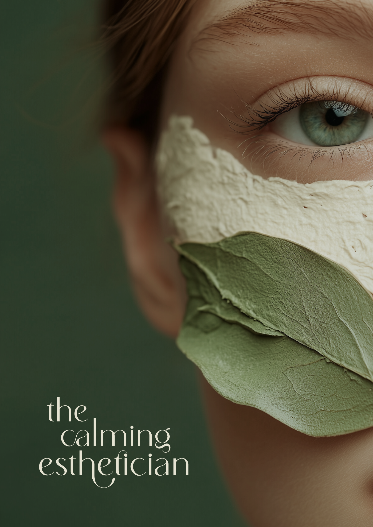 Close-up of a woman's face with a green eye, wearing a mask made of layered leaves and textured paper, with text that reads 'the calming esthetician'.