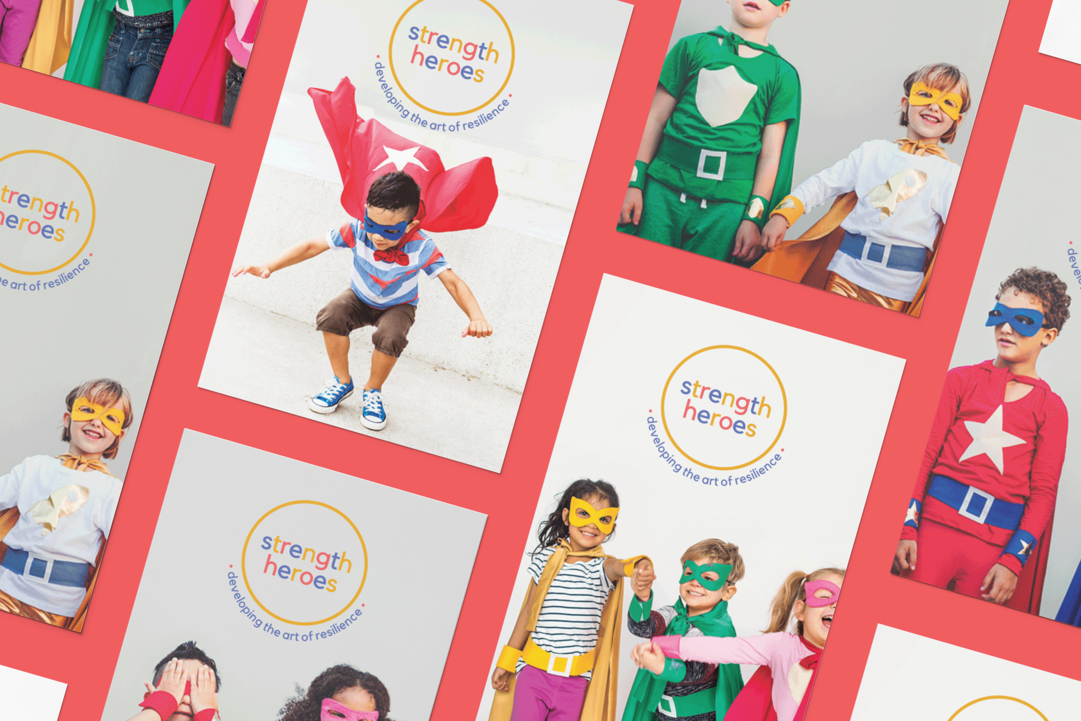 Children dressed as superheroes and villains, wearing colorful costumes and masks, playing and smiling, with a logo that says 'strength heroes' and the tagline 'developing the art of resilience'.