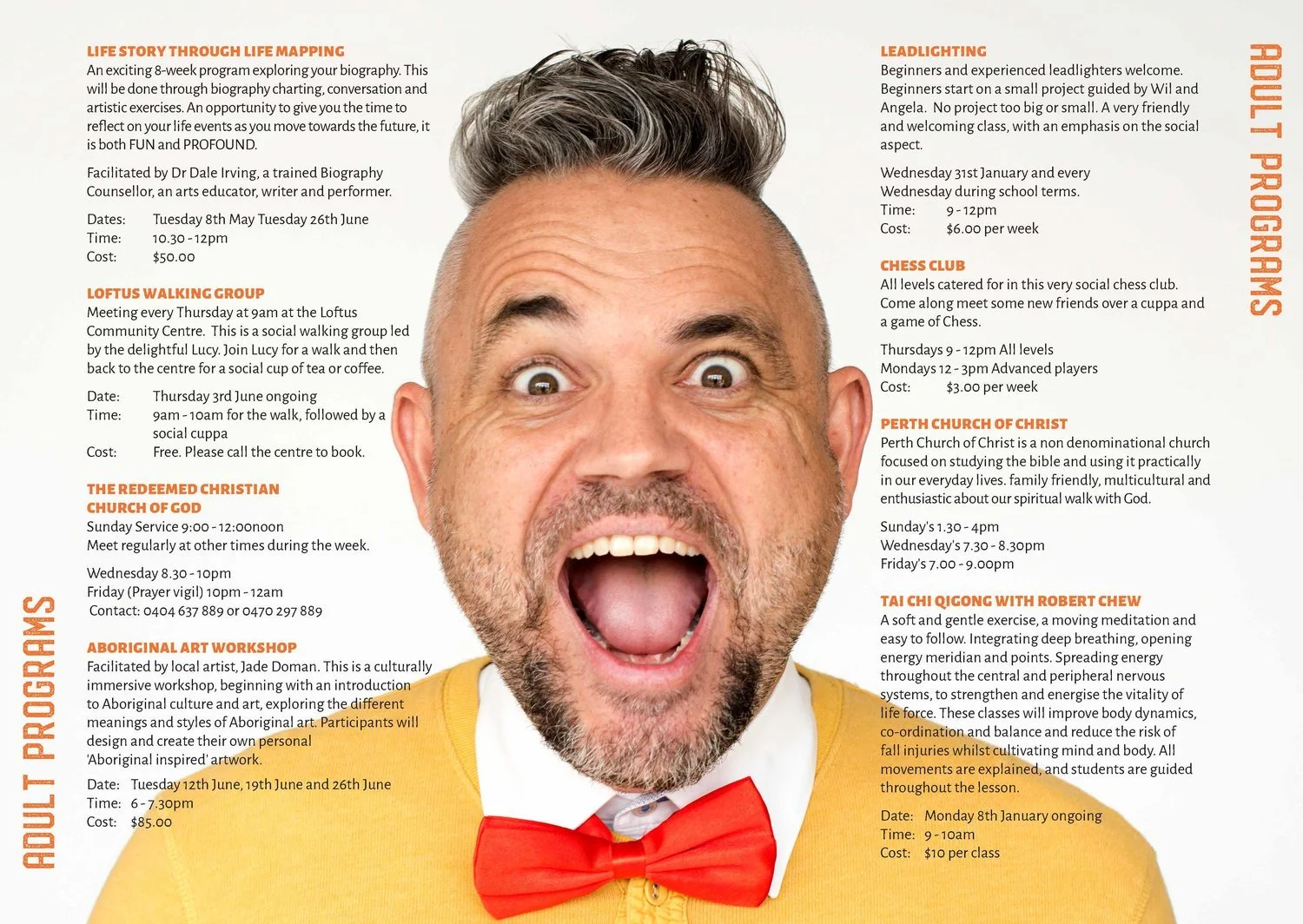 A smiling man with gray hair, beard, wearing a yellow sweater and red bow tie, with text outlining adult programs and activities on the left and right sides of the image.