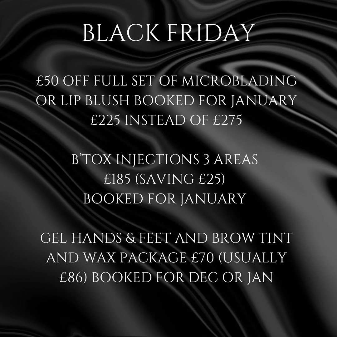 BLACK FRIDAY OFFERS ✨

Appointments to be book for January to receive the discount .. use CODE : BLACK FRIDAY in booking notes!!