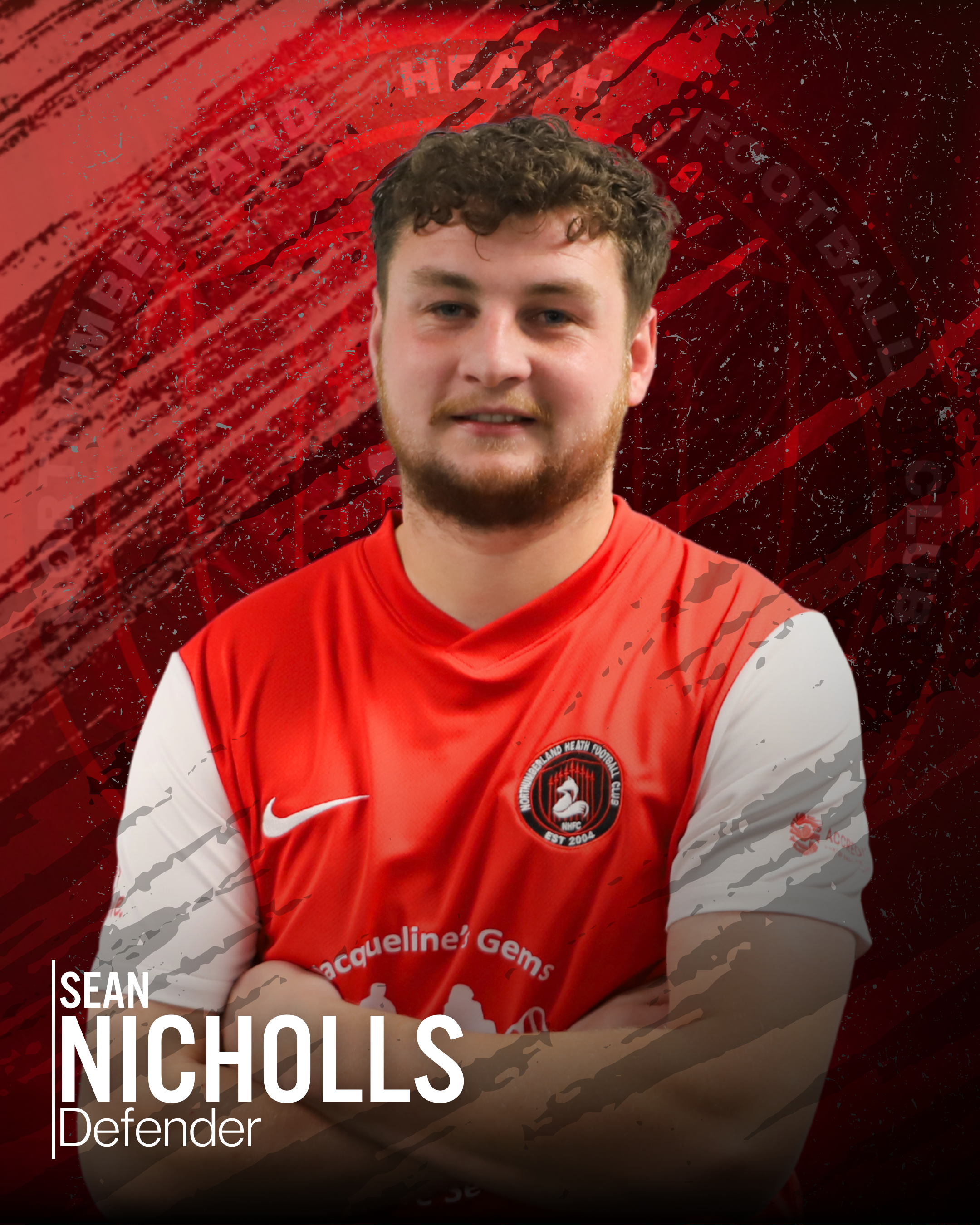 A young man with curly hair and a beard wearing a red and white jersey, standing against a red graphic background with text and design elements, partially obscured by a watermark.