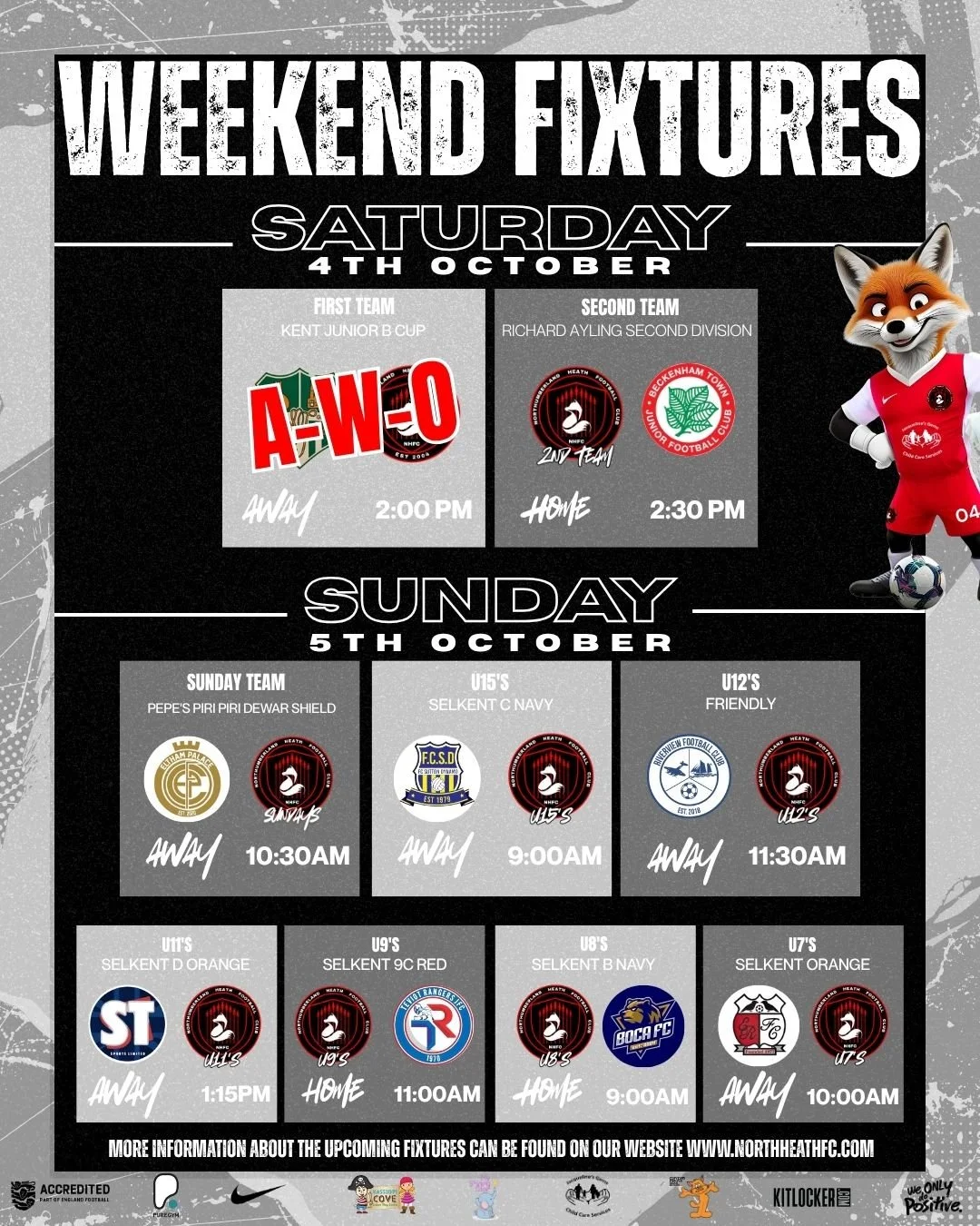 This weekends fixtures are finally in!!!

Good Luck to all our teams out on the pitch this weekend. ⚽

#uptheheath🔥🦊