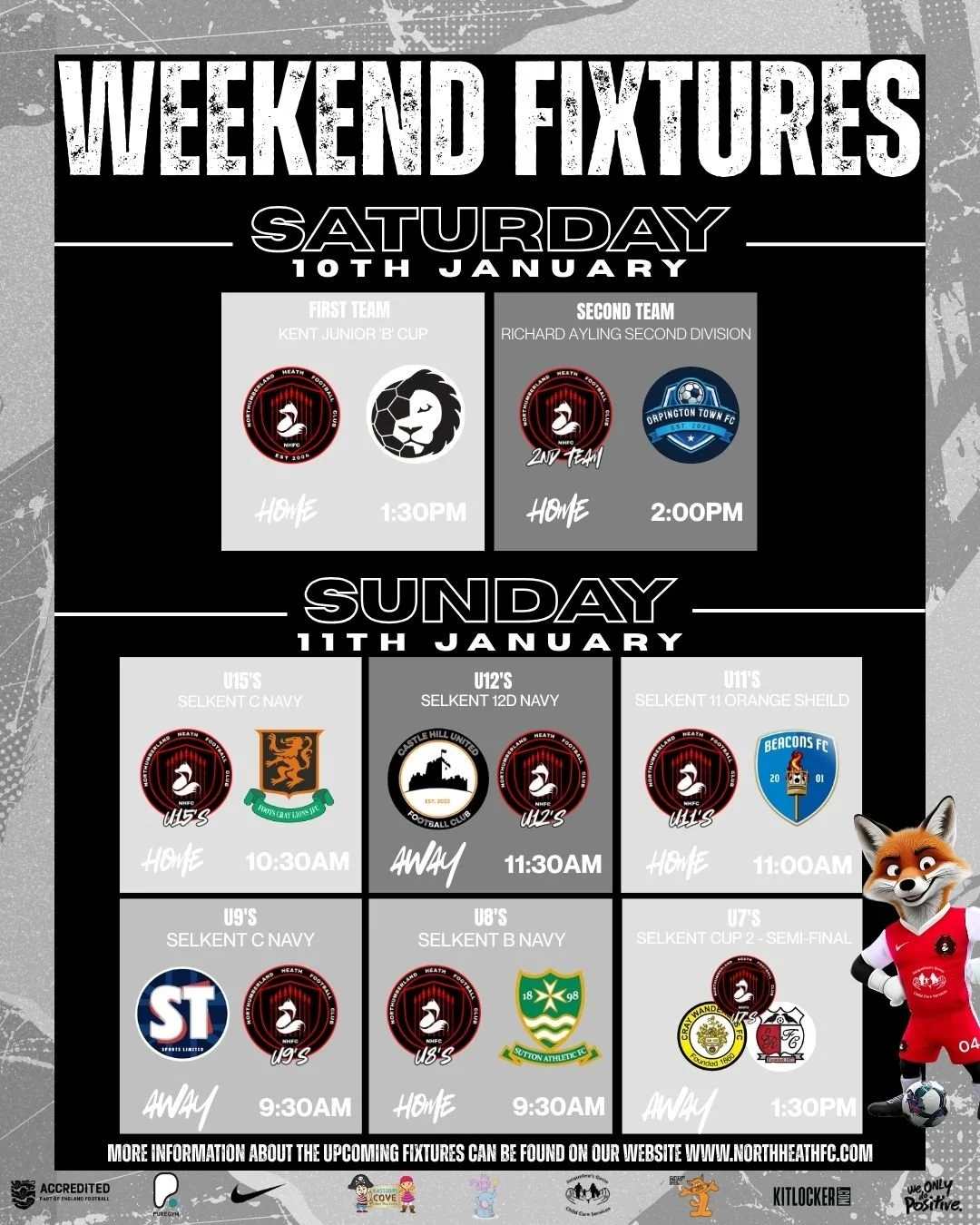 A full list of fixtures this weekend! 🥅
Good luck to all. 👏

#uptheheath🔥🦊