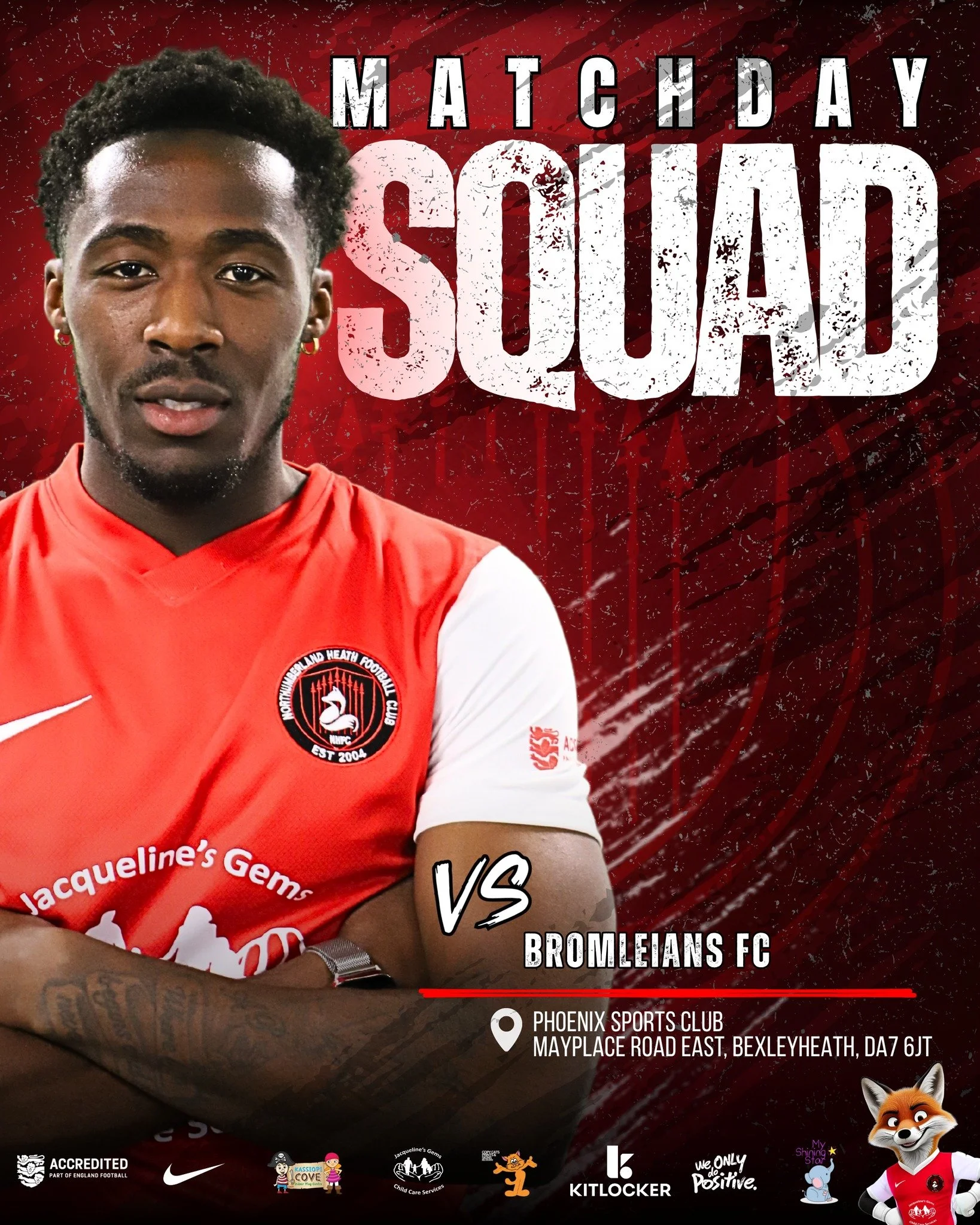 🔴⚪️ YOUR MATCH DAY SQUAD ⚪️🔴

The team is in and The Heath are ready for another big afternoon of league action! 👊

Here&rsquo;s your squad representing Northumberland Heath FC today as we take on Bromleians FC at The Christopher Russell Stadium. 