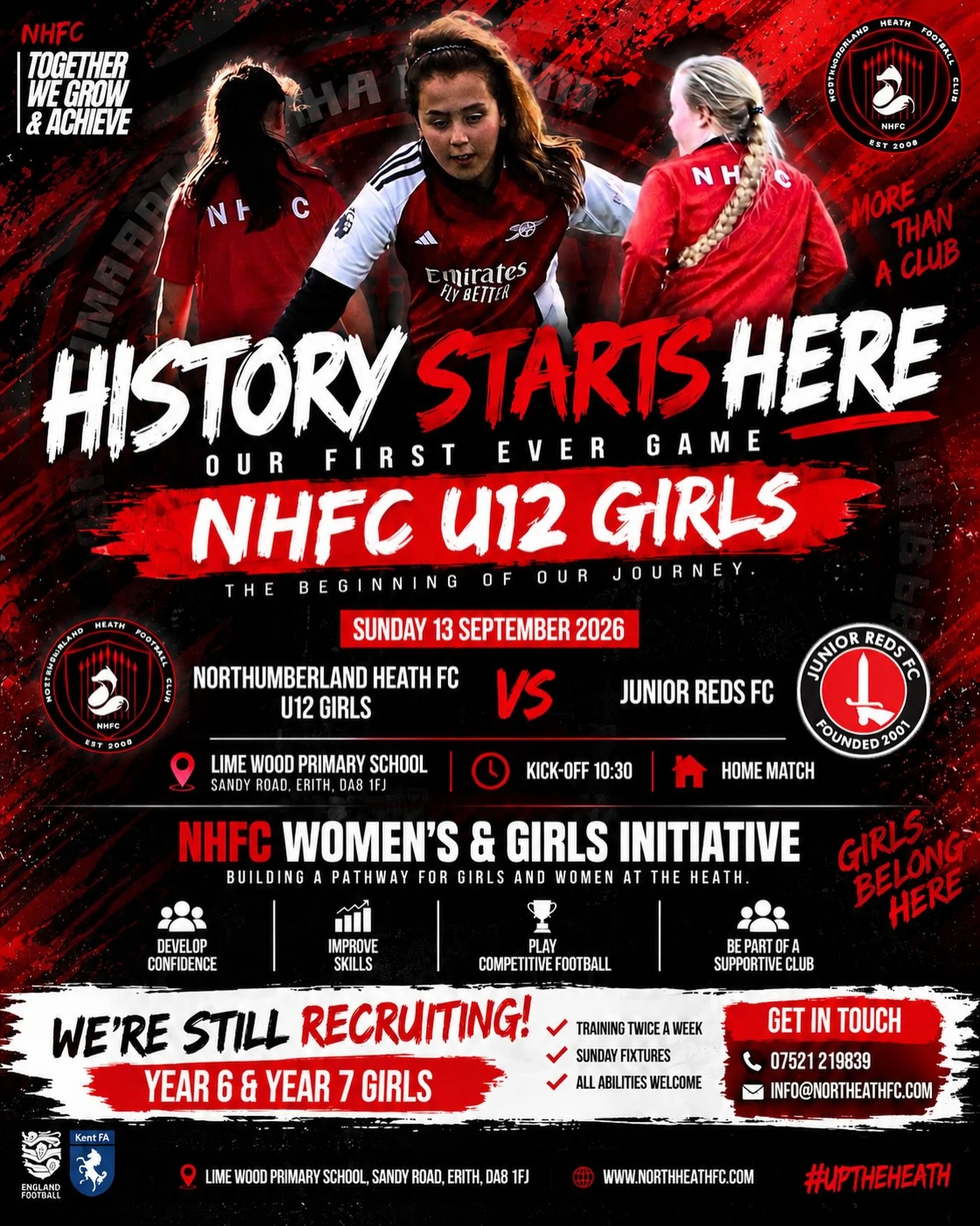 🔴⚫ HISTORY STARTS HERE ⚫🔴

This Sunday marks a very special moment for Northumberland Heath FC as our U12 Girls play their FIRST EVER competitive fixture! 🦊⚽️

🆚 Junior Reds FC
📅 Sunday 13th September
⏰ 10:30am KO
📍 Our 4G Facility 

This is ab