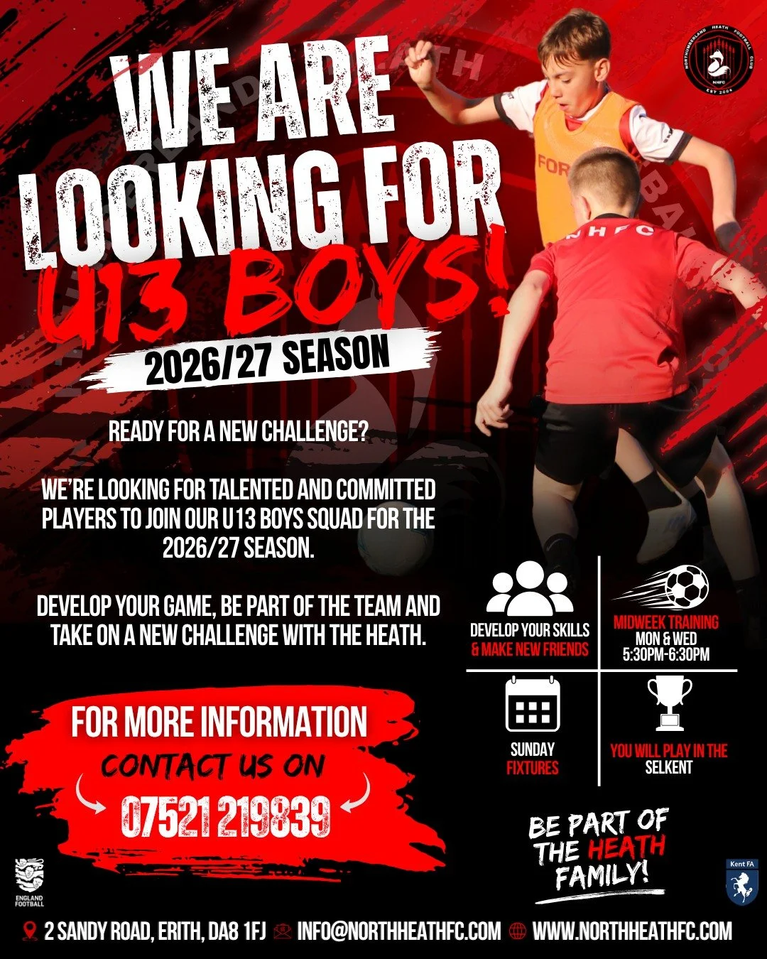 🔴⚪️ U13 BOYS WANTED! ⚪️🔴

Ready for a new challenge? 👀⚽️

We&rsquo;re looking for talented, committed players to strengthen our U13 Boys squad for the 2026/27 season.

Train twice a week, compete in the Selkent League and become part of a team whe