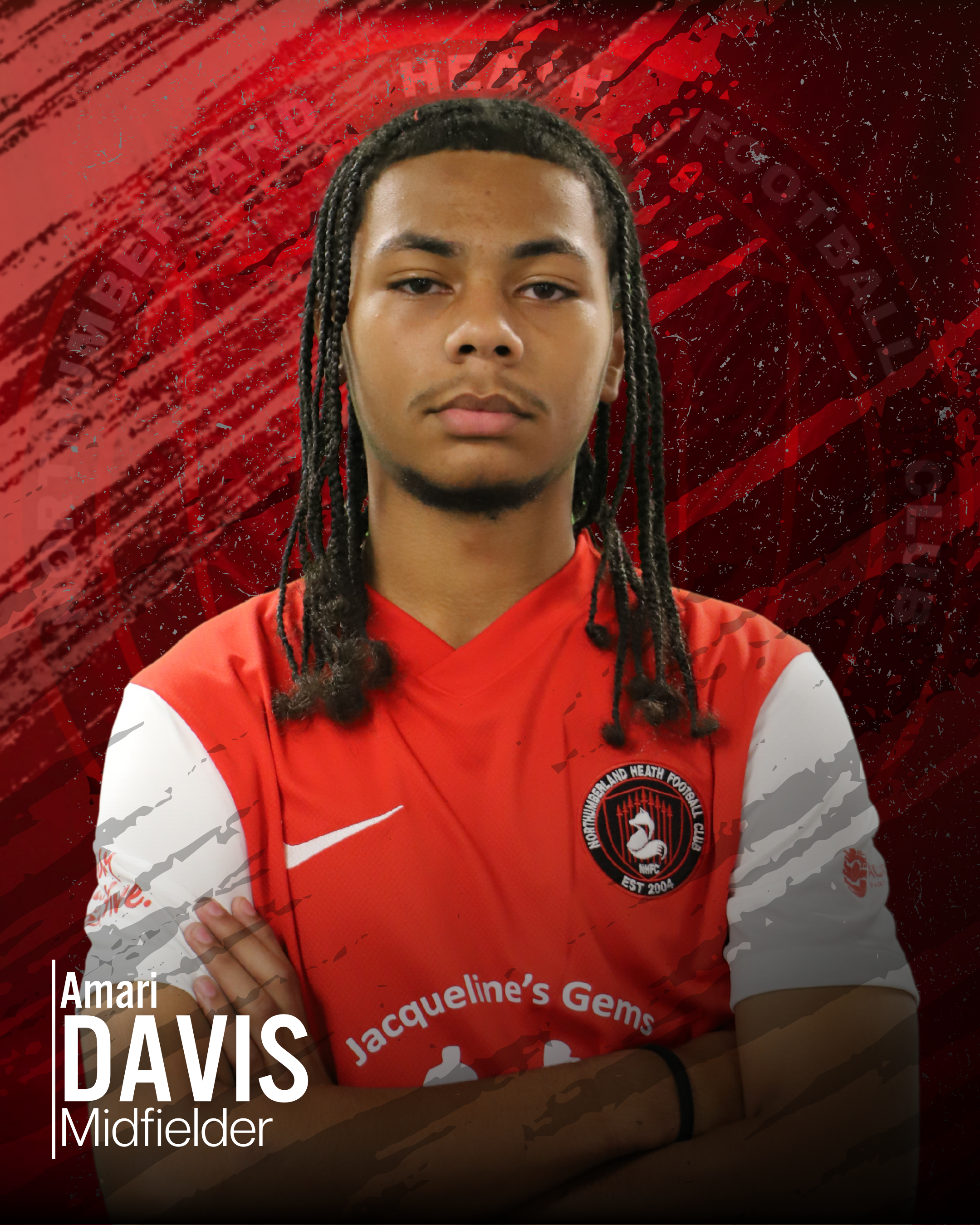 A young man with braided hair wearing a red sports jersey with a circular logo on it. The background features a grunge-style red design with black and white accents and text overlay.