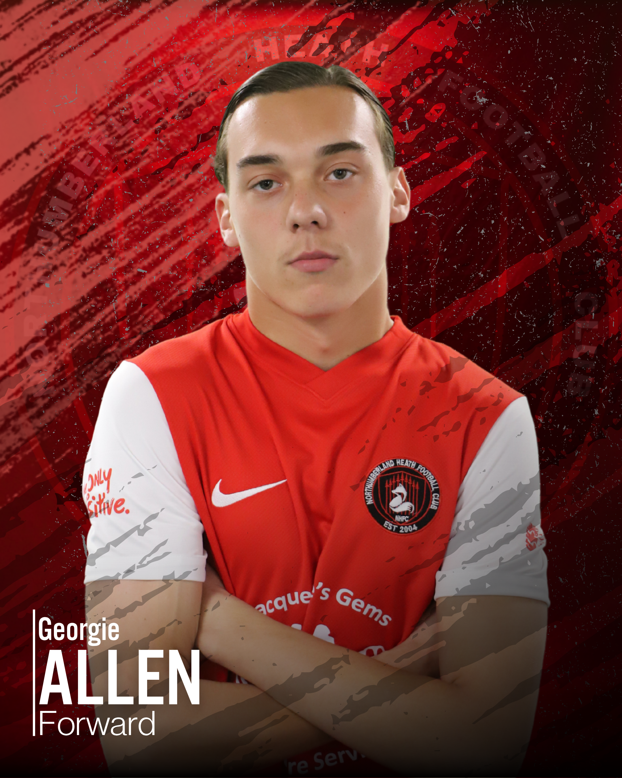 A young man wearing a red and white sports jersey standing in front of a red background with text and graphics, looking at the camera.
