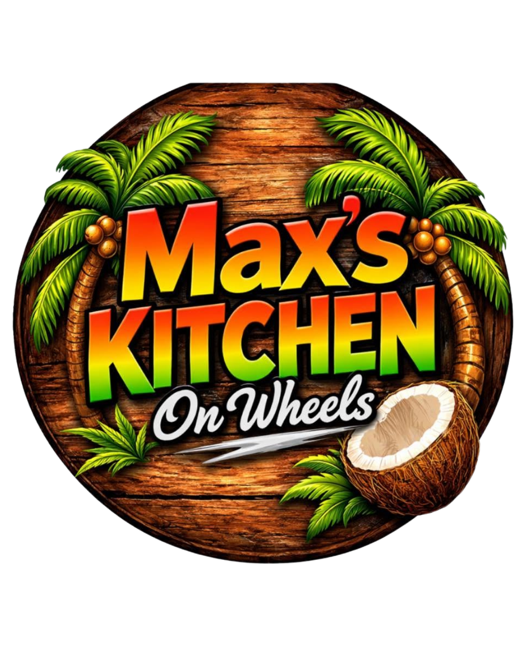 Colorful logo for Max's Kitchen on Wheels, featuring tropical coconut and palm trees on a wooden background.