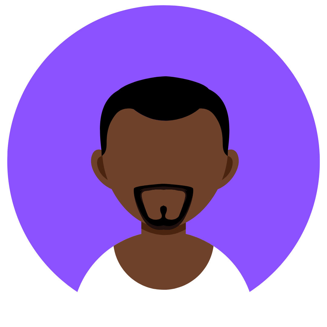 Digital illustration of a smiling man with dark skin, short black hair, and a goatee, wearing a white shirt against a purple circular background.