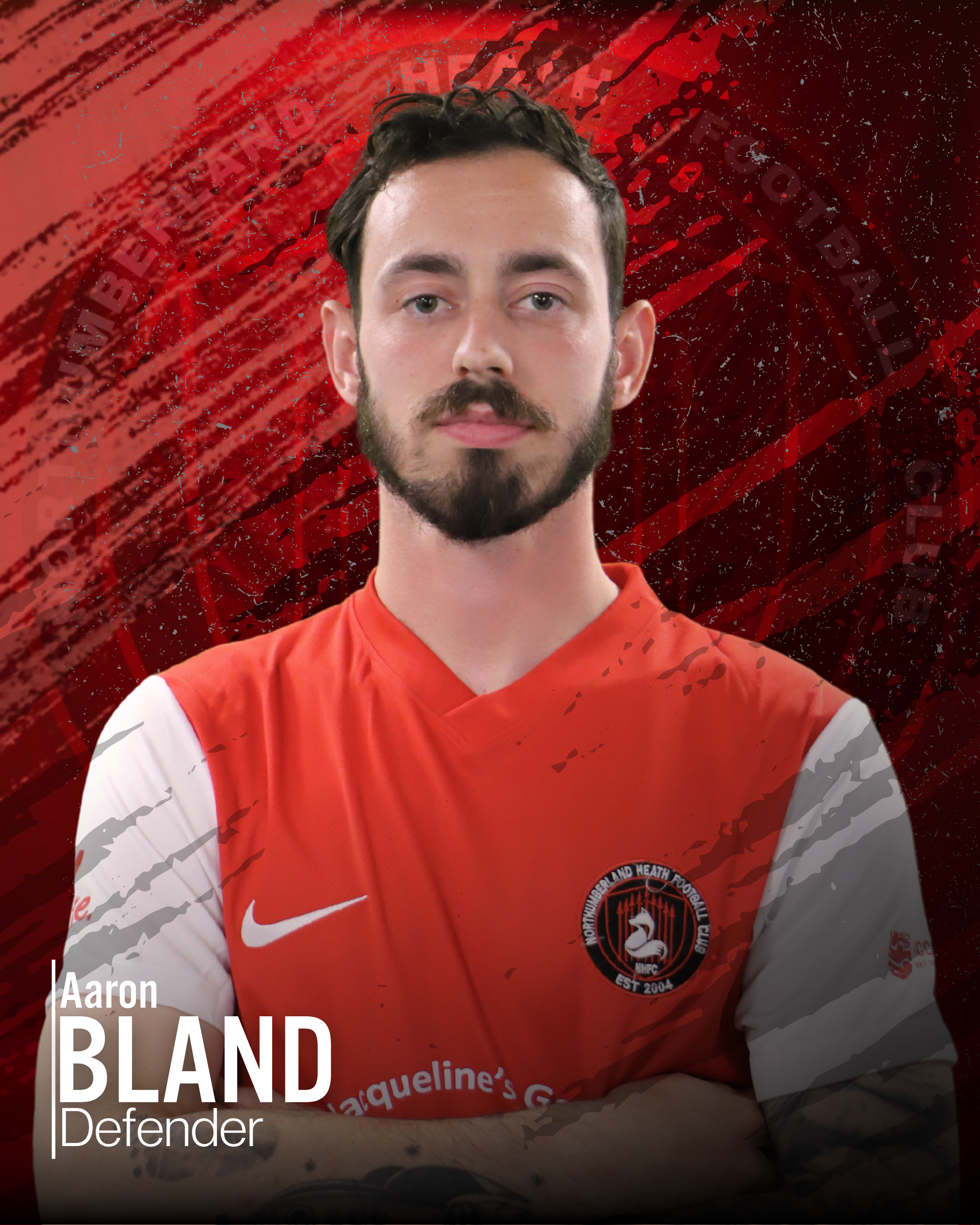 A young man with a beard and mustache wearing a red and white sports jersey with a circular logo on the chest, standing against a red graphic background with black streaks and smudges. The text overlays on the image include the words.