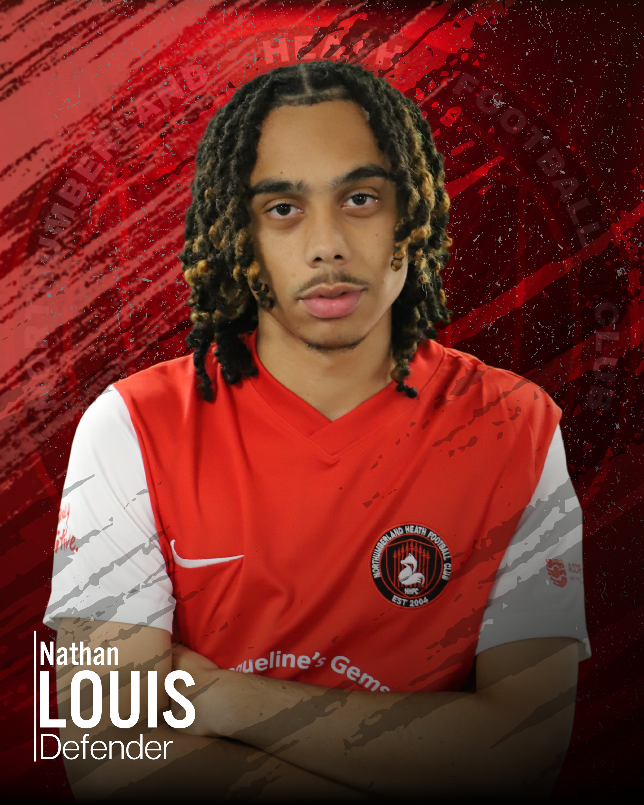Young man with blonde and black dreadlocks wearing a red and white sports jersey, standing against a dark red and black background with stylized text and graphics.