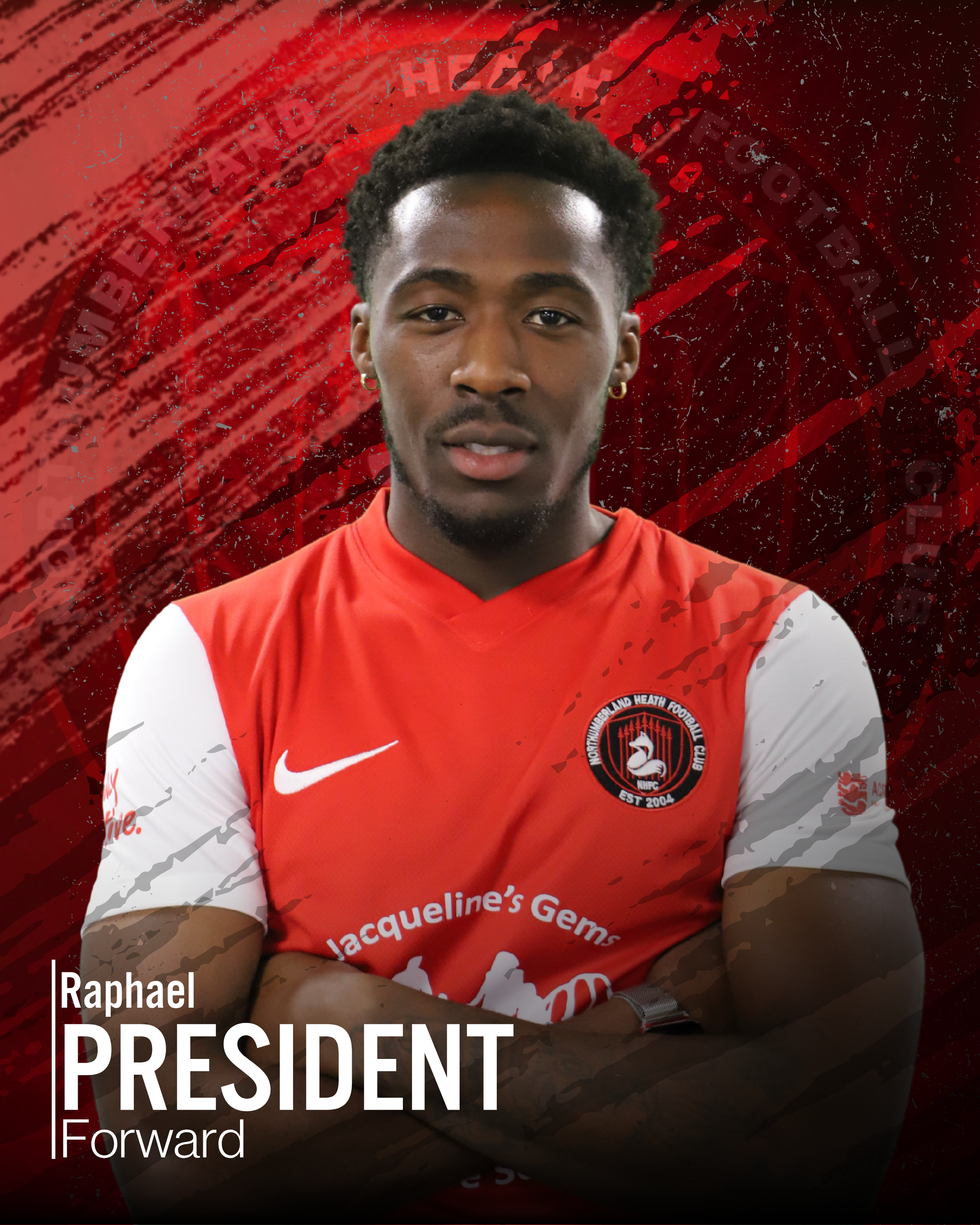 Portrait of a young Black man with short curly hair, wearing a red and white sports jersey with a logo, against a red abstract background with black and white details, overlaid with white text.