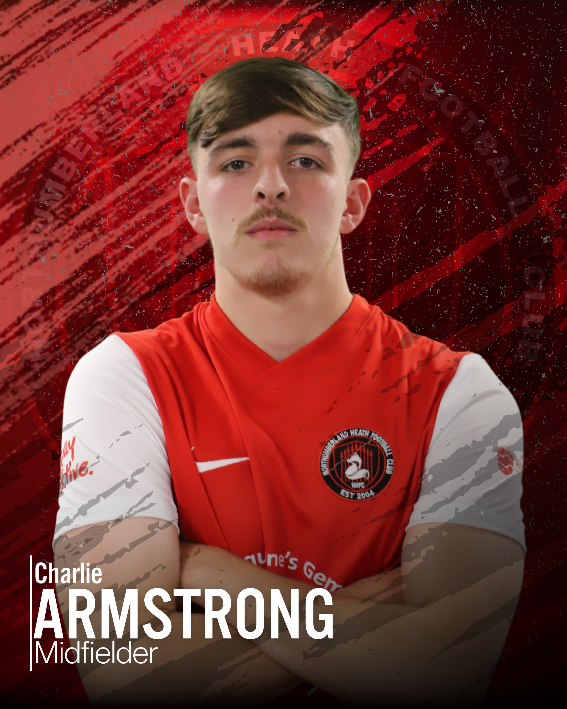A young man with light skin, brown hair, and a light mustache wearing a red and white sports jersey with a logo of a horse and the text 'Northumberland Heath Football Club' on it. The background is a digitally edited red and black abstract pattern with text overlay.