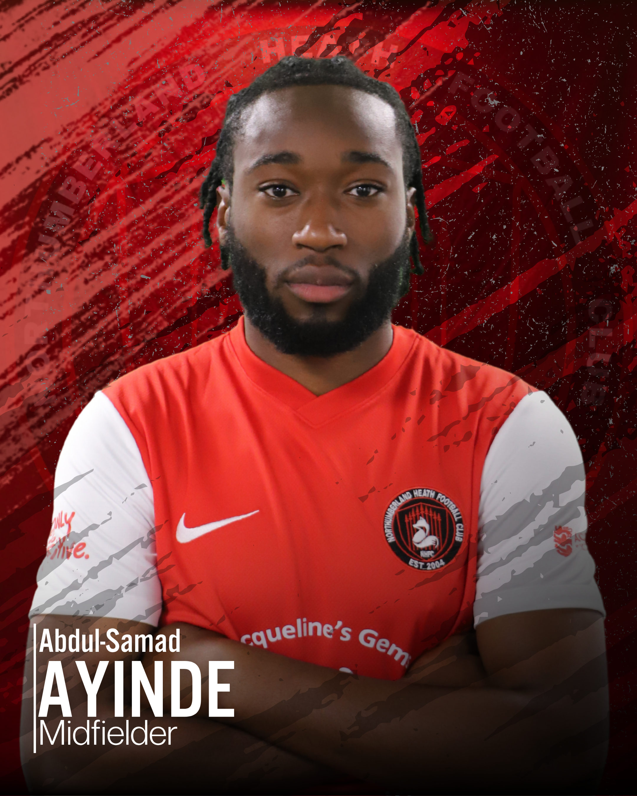 Close-up of a young man with dreadlocks and a beard, wearing a red and white sports jersey, standing in front of a digital red background with text and graphics related to football.