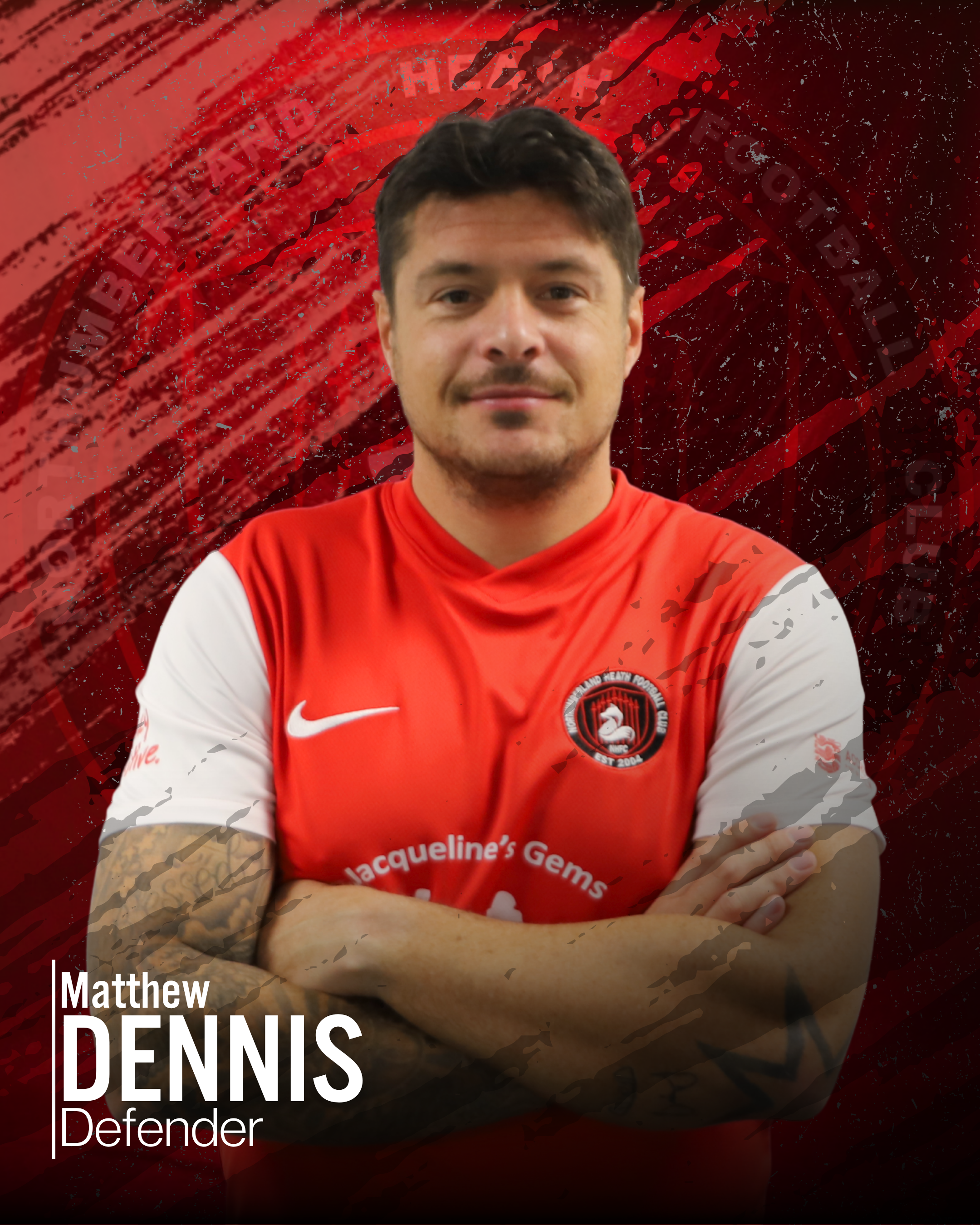 Photograph of a man in a red sports jersey with a team logo, arms crossed, smiling, with text overlay and a red abstract background.