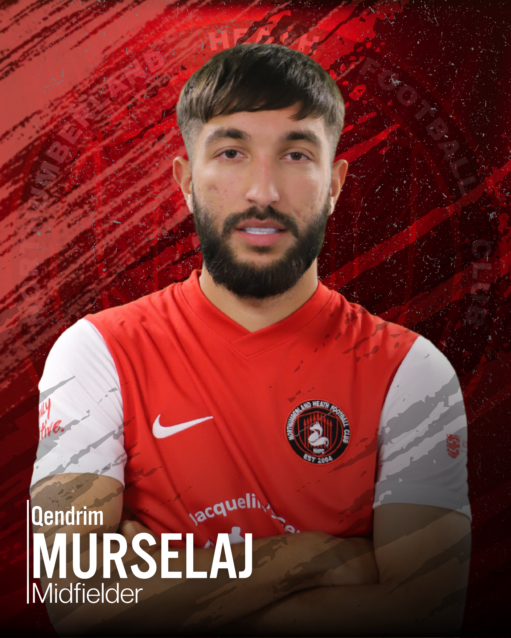 A portrait of a young man with dark hair and a beard, wearing a red and white sports jersey with a football club logo, in front of a red abstract background with text overlay.
