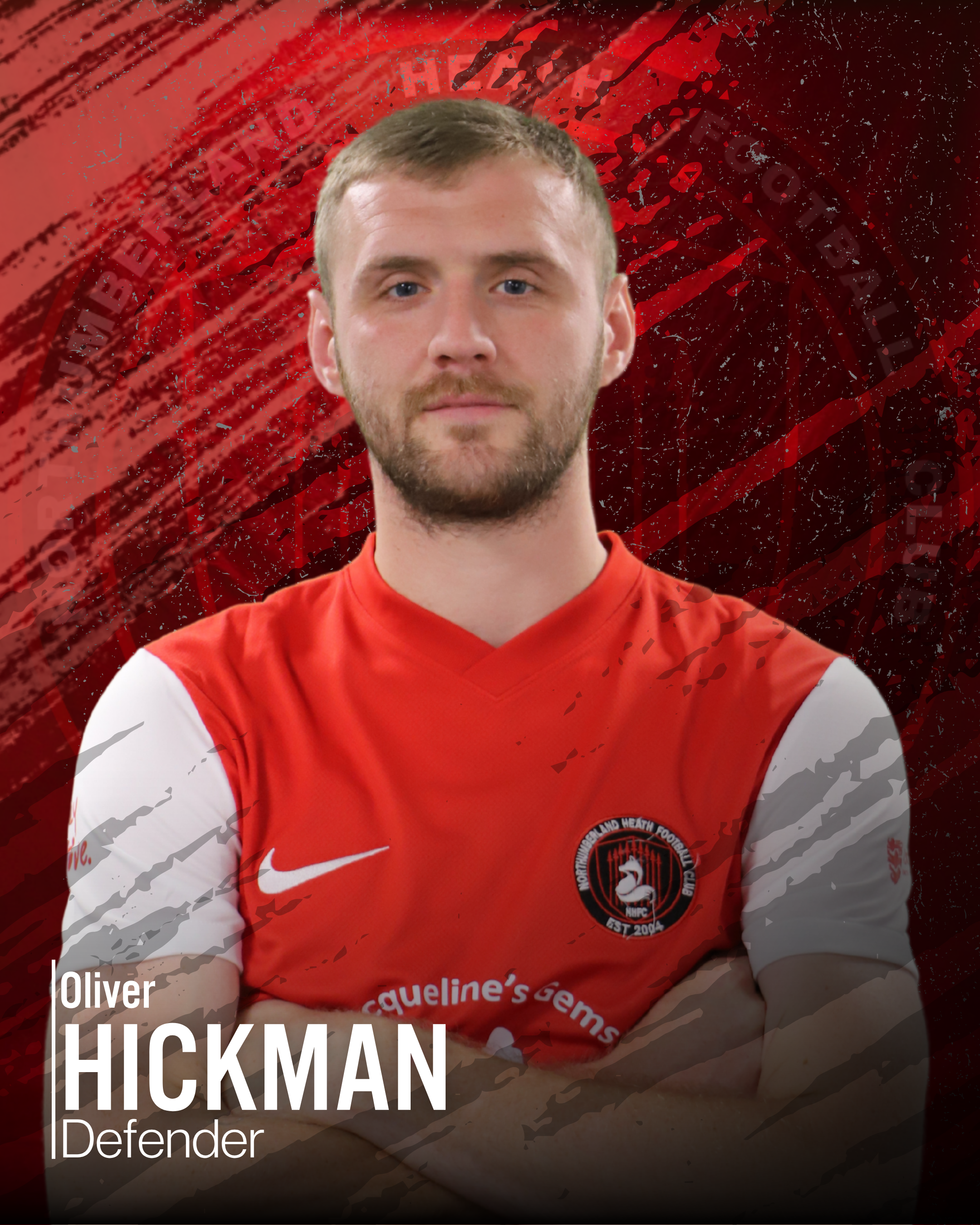 A portrait of a young man with short light brown hair and a beard, wearing a red and white sports jersey with a crest. The background features a red and black dynamic pattern with accents of white, and overlaid text with his name and role.