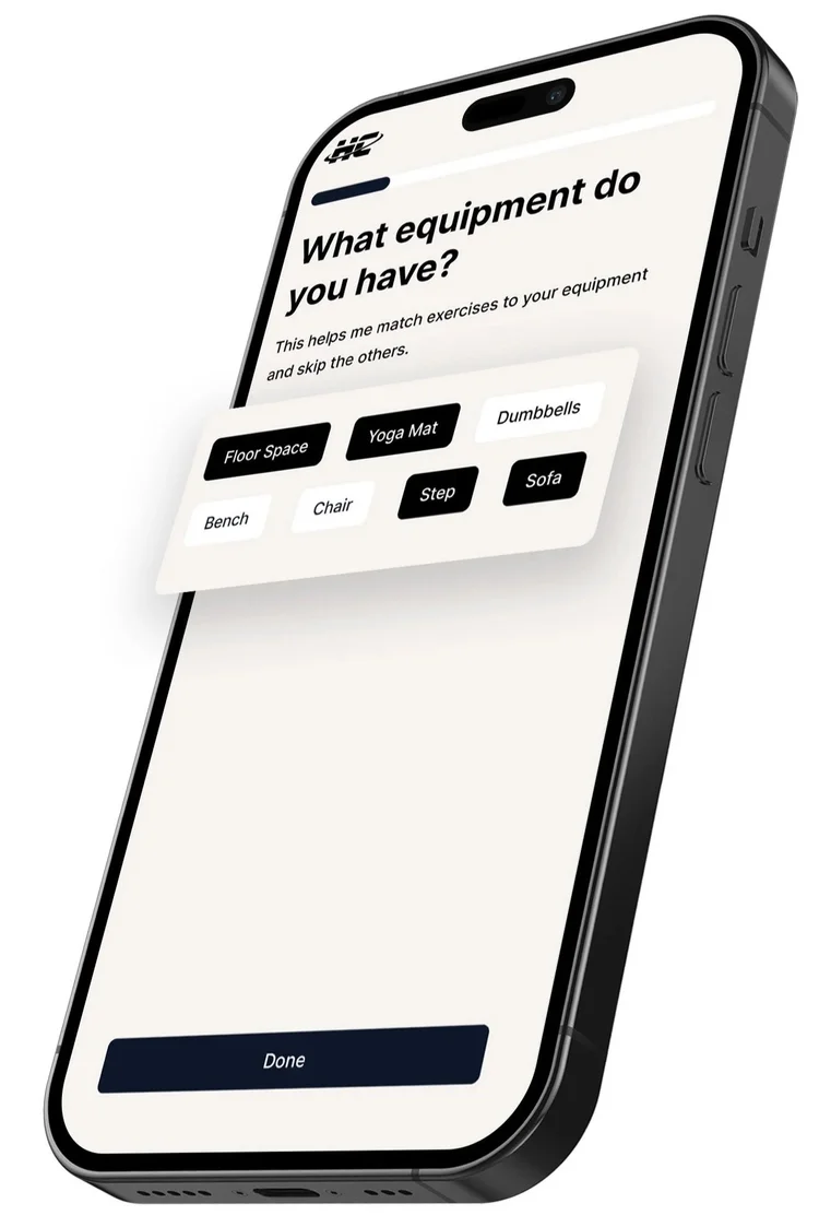 HoloCoach app screen asking what equipment you have