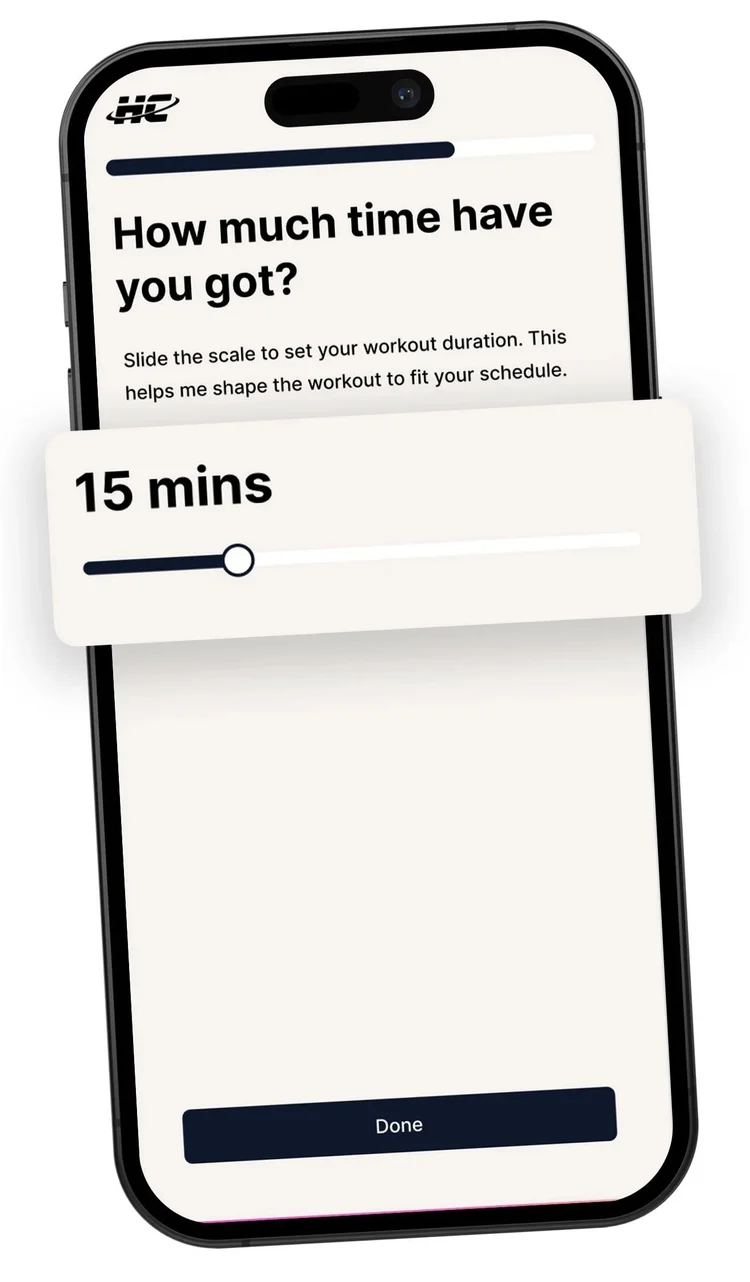 HoloCoach app screen asking how much time you have, set to 15 minutes