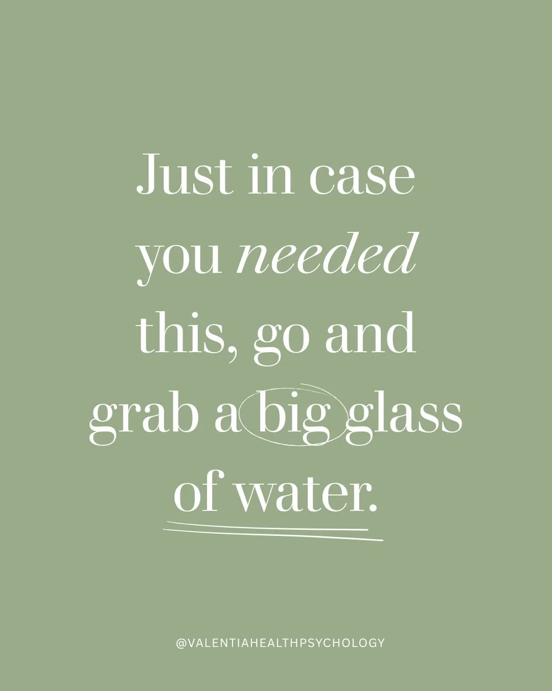 It's 4:30pm and this is your reminder that now's your time to go and grab a BIG glass of water today if you're behind on your 2L!  Share this with your bestie who you know needs a reminder too 🌿

#dailyremindertoself #brisbanepsychologist #drinkwate