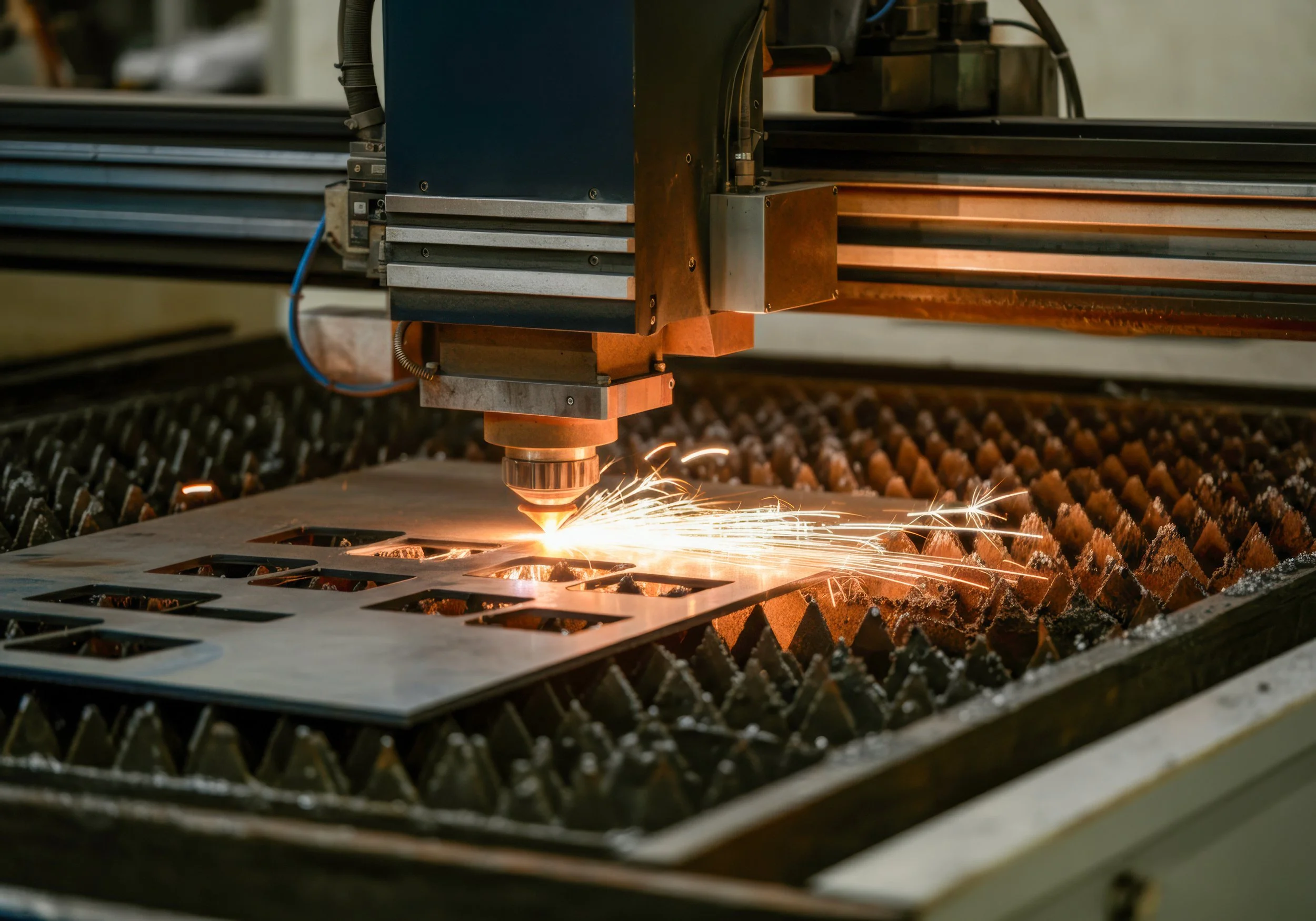 A CNC laser cutter cutting metal sheet, producing sparks, in an industrial workshop.