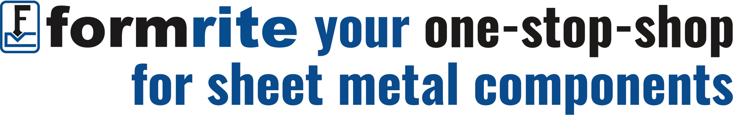 Formrite's logo with the words 'your one-stop shop for sheet metal components' in black and blue.