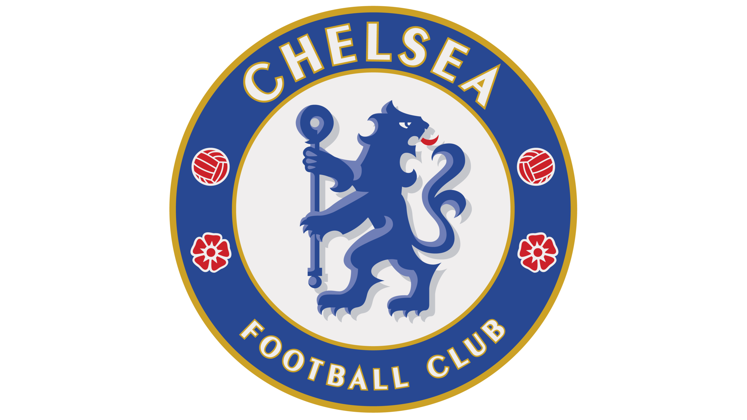 Chelsea Football Club logo with a blue lion holding a staff, surrounded by a circular band with the club's name and symbols of football and flowers, on a gold background.