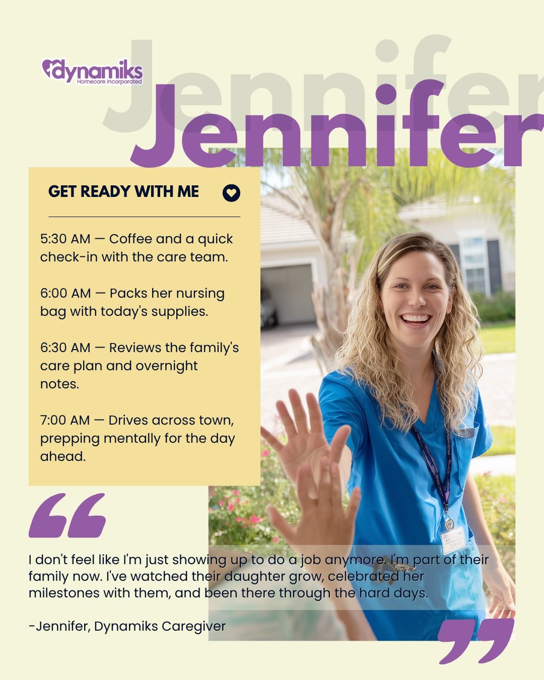 A day in the life of a Dynamiks caregiver. 💙

Jennifer has been with the same family for three years. She knows the routines by heart, understands the communication cues, and shows up with the kind of consistency that brings real stability.

This is