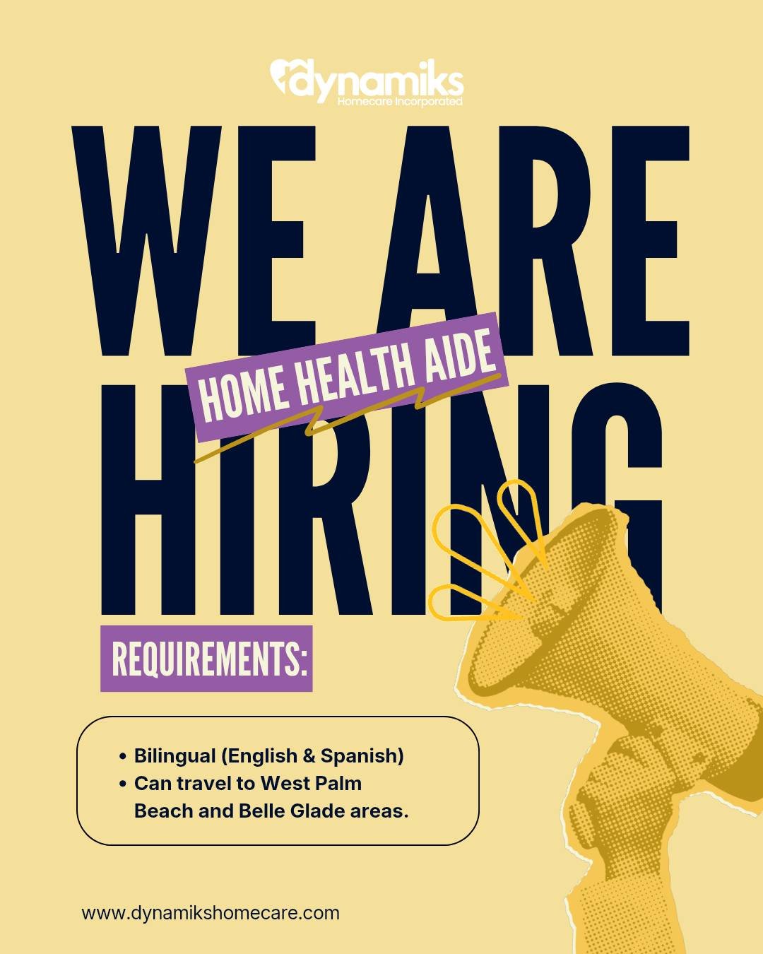 Dynamiks Home Care is looking for a bilingual Home Health Aide (HHA) to serve patients in the West Palm Beach and Belle Glade areas. If you have a heart for care and speak both English and Spanish, we want to hear from you. 🌟

✨ What You&rsquo;ll Do