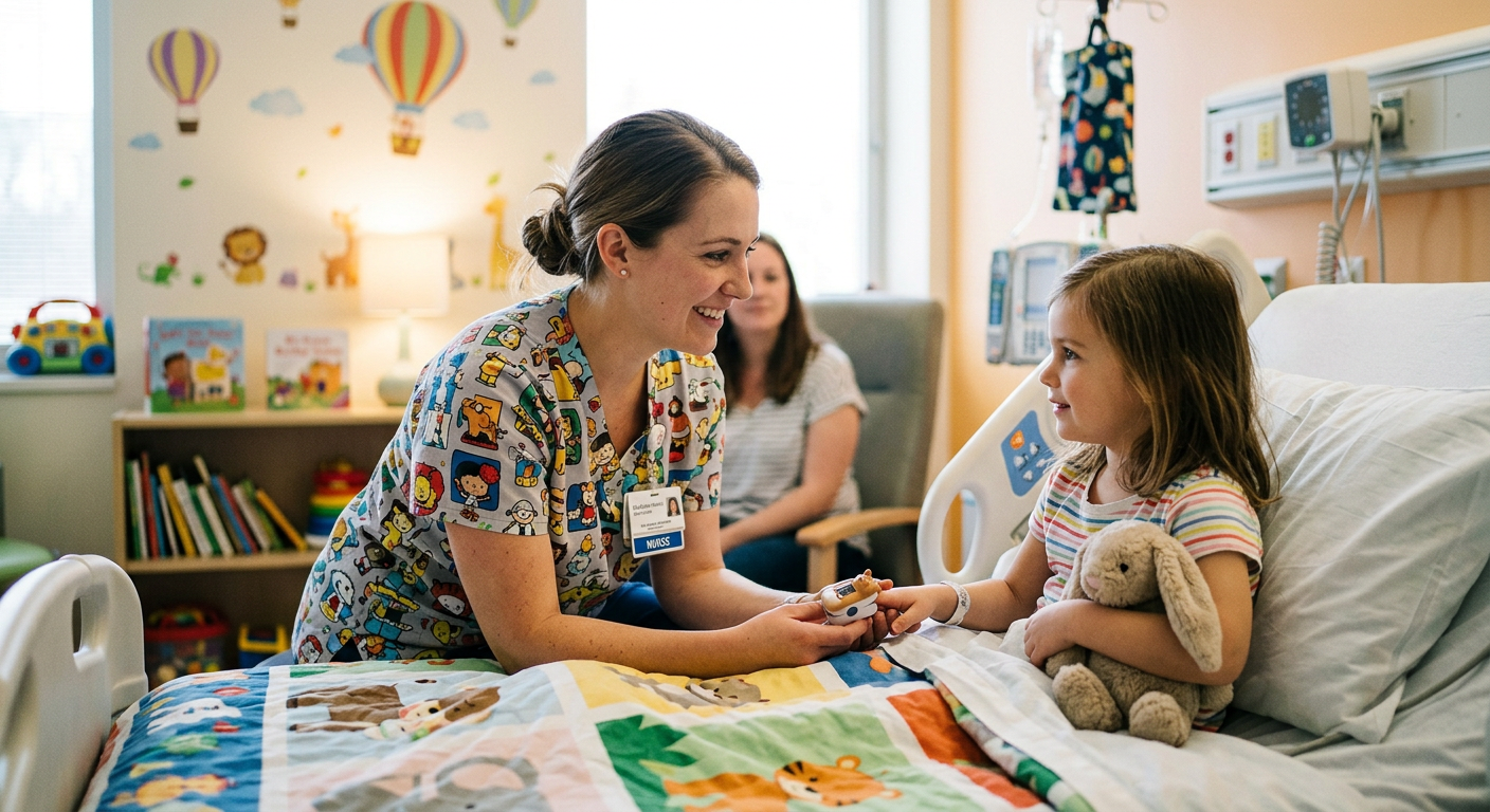 Pediatric nurse providing specialized care to a child