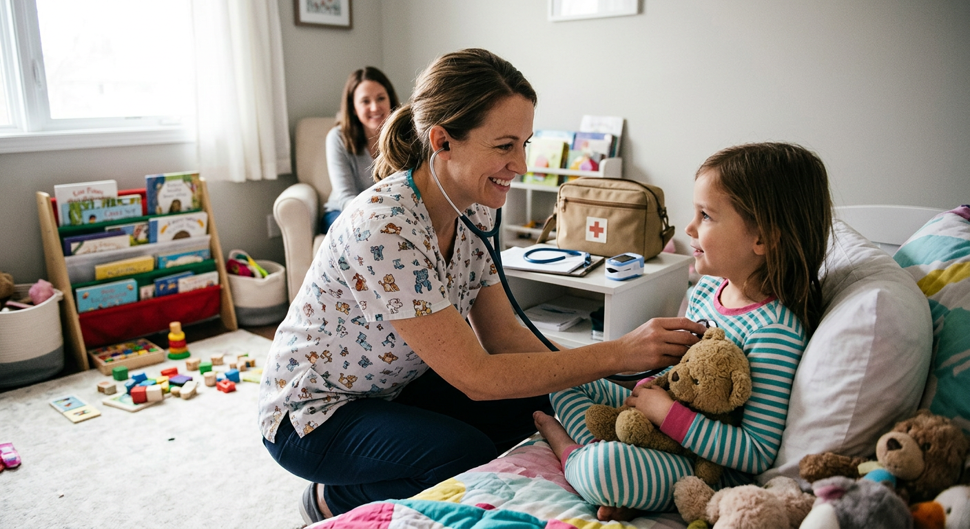 Pediatric nurse providing home care to a child