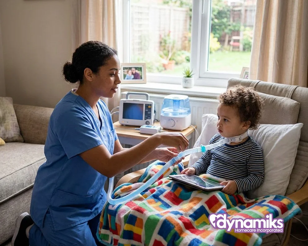Pediatric nurse providing tracheostomy and ventilator care to a child at home while monitoring respiratory equipment