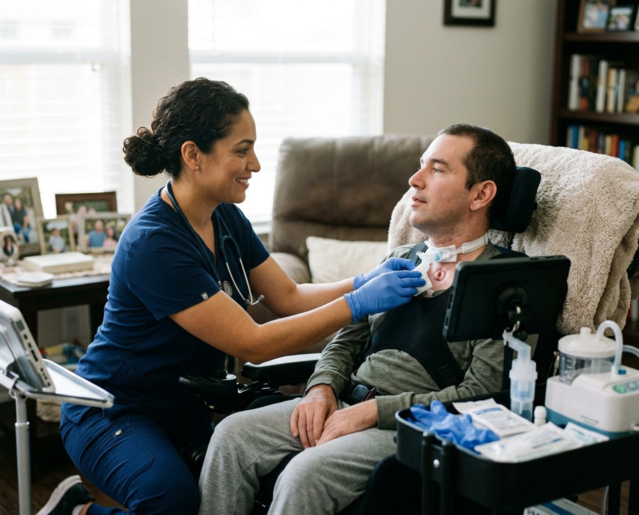 A healthcare professional preparing to administer a medical procedure to a patient in a wheelchair in a well-lit living room.