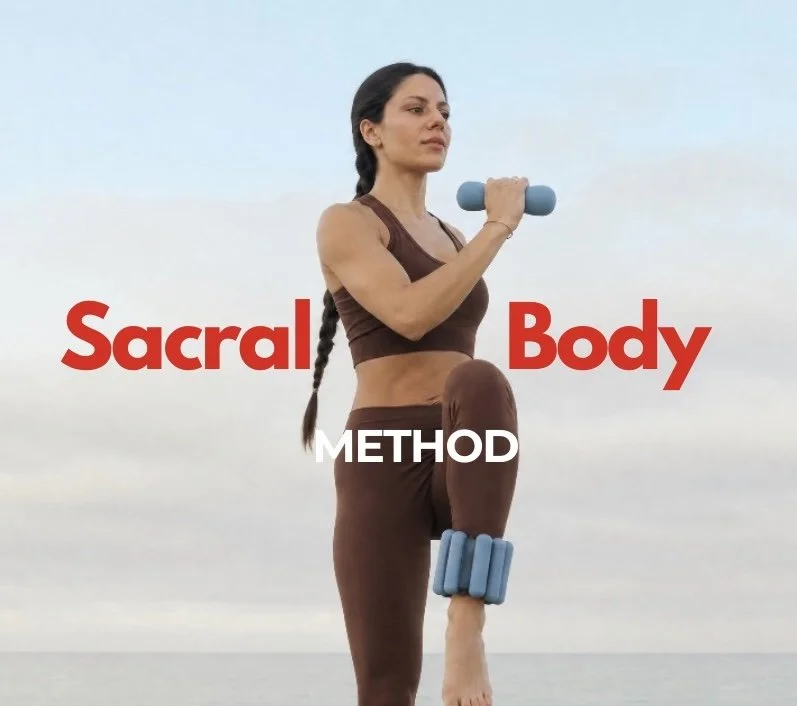 A woman practicing yoga and Pilates exercises indoor and outdoors with light weights, labeled as sacral body method.