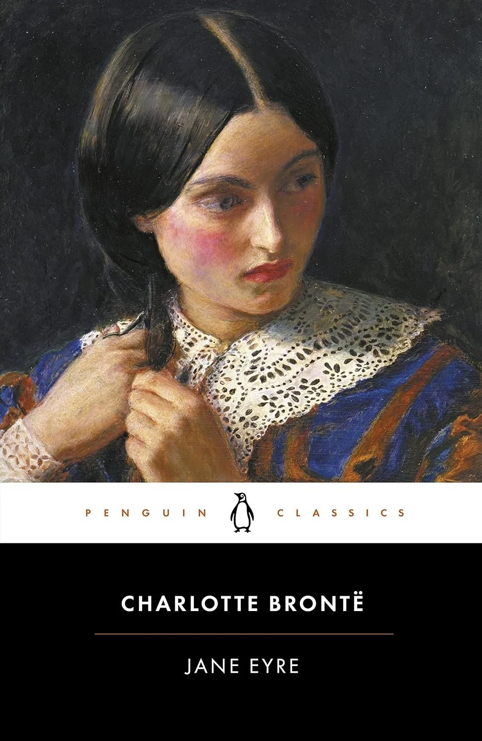 Image shows cover of Penguin Classics edition of Jane Eyre by Charlotte Bronte featuring a young Victorian woman about to cut a lock of her hair with small scissors