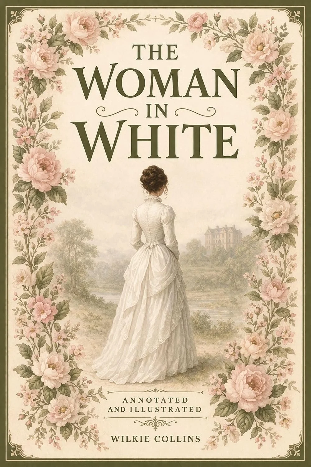 Book cover of The Woman in White by Wilkie Collins, an annotated and illustrated edition. An illustrated young Victorian woman standing in a rural landscape looking towards an old house. Illustration is bordered with pink flowers.