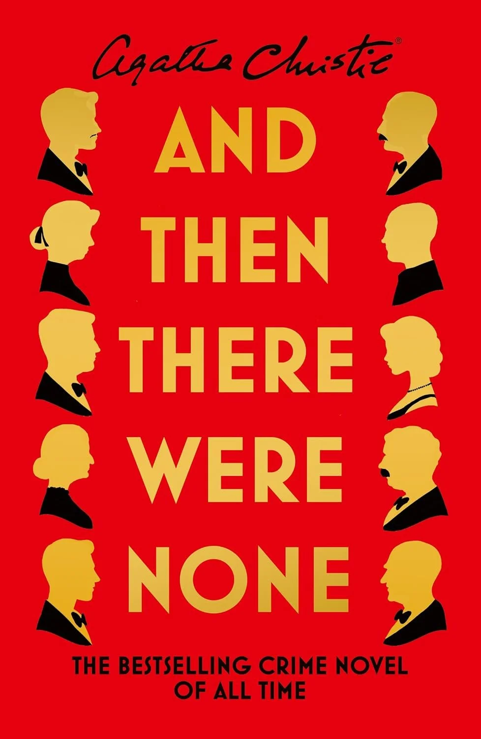 Image shows cover of Agatha Christie's And Then There Were None. Ten heads in profile against a red background.