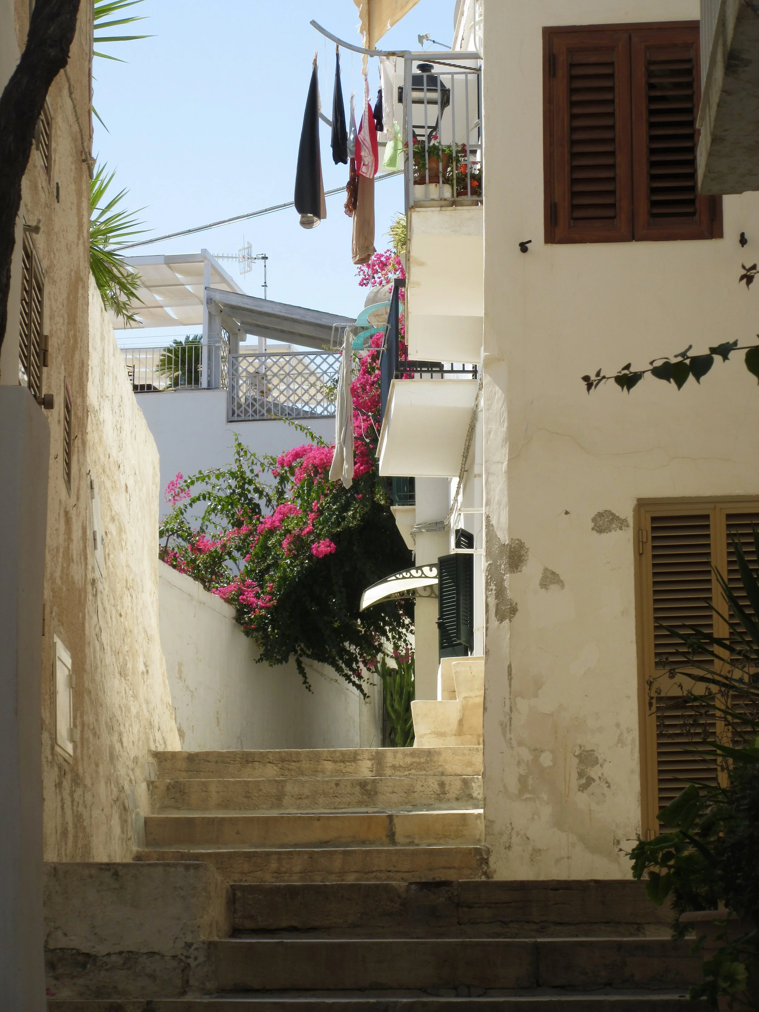 A beautiful alley with bougainvillea and hanging laundry in Polignano a Mare, Puglia.