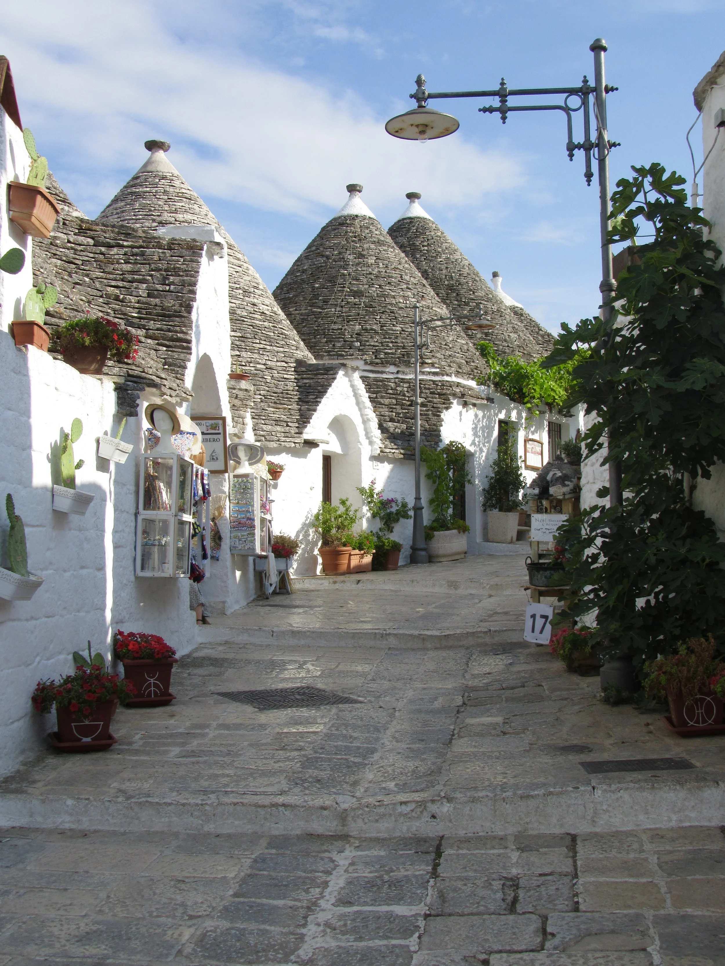 A street lined with trulli houses in Alberobello, Puglia.