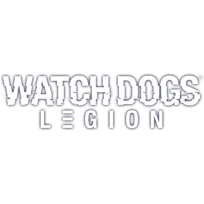 Watch Dogs Legion logo with stylized text and glitch effects.