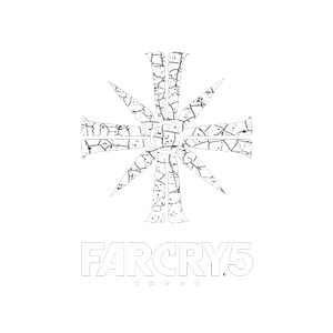 Line drawing of a stylized snowflake or star with the title 'Far Cry 5' and 'Arkham' underneath.