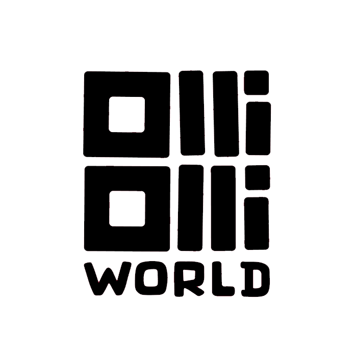 Black stylized text forming a QR code shape with the word "WORLD" underneath.