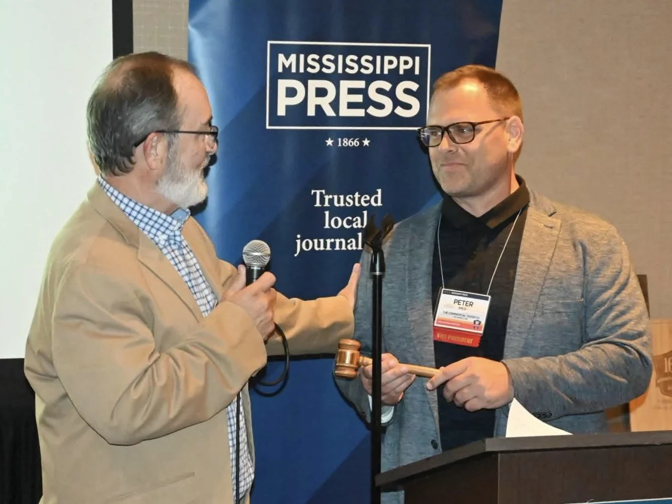  Peter Imes (left) assumed the office for the 2026–2027 term during the association's traditional gavel-passing ceremony in Biloxi. Photo courtesy Peter Imes  