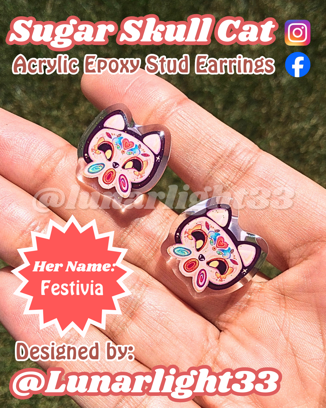 Sugar Skull Cat Glitter Epoxy Earrings- Festivia