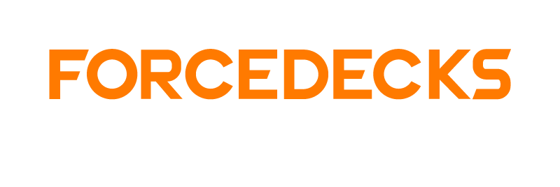 Logo with orange and white text on black background that reads 'FORCEDECKS DUAL FORCE PLATE SYSTEM'.