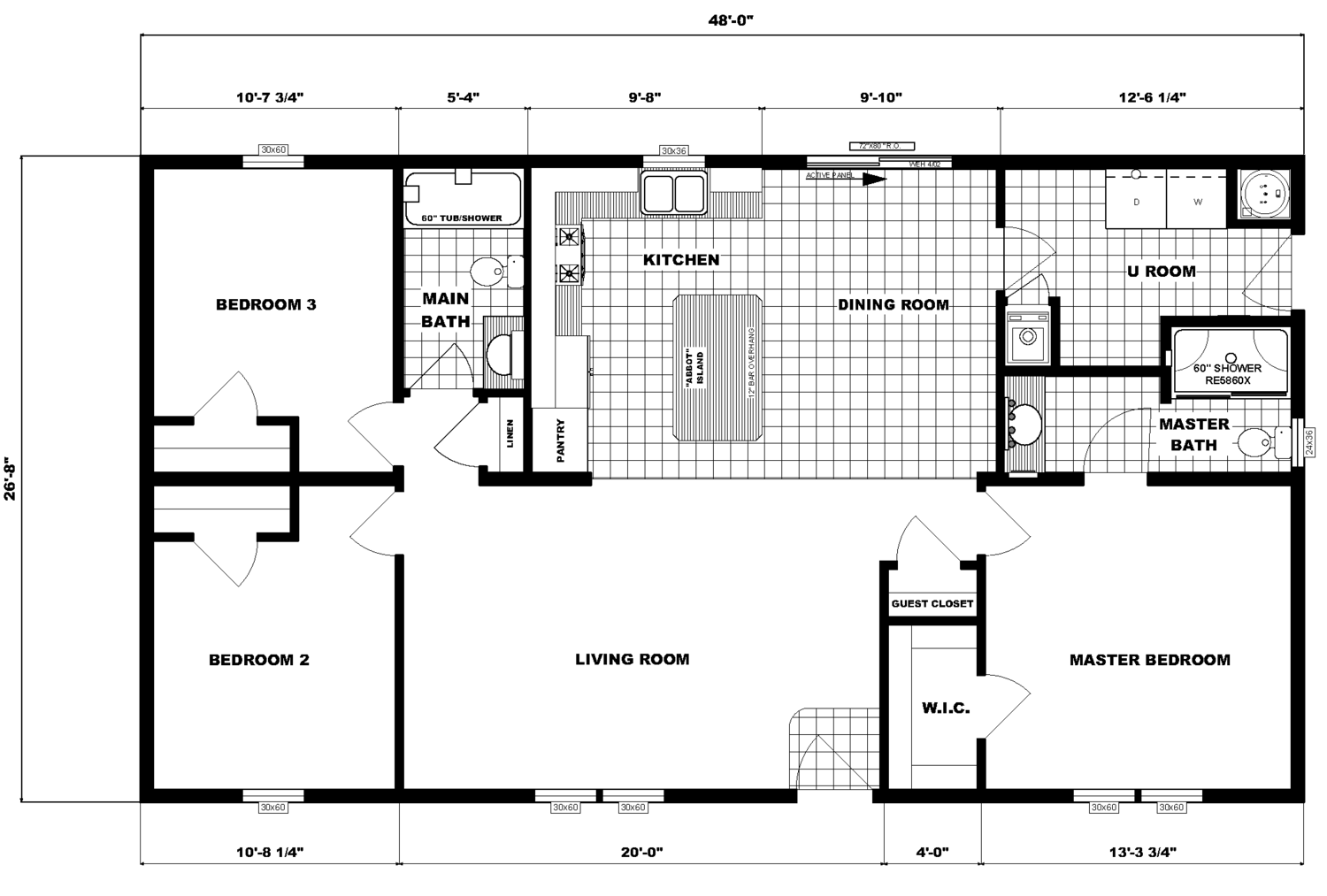 Floor plan of a three-bedroom house with two bathrooms, living room, kitchen with island, dining room, utility room, and master suite with walk-in closet. Layout includes measurements.