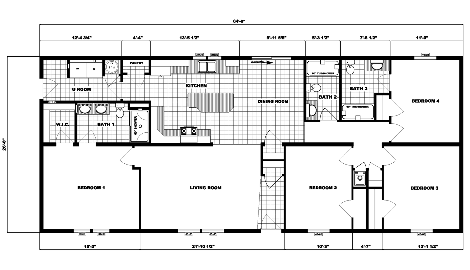 Blueprint of a house with four bedrooms, three bathrooms, living room, dining room, kitchen, and utility room.