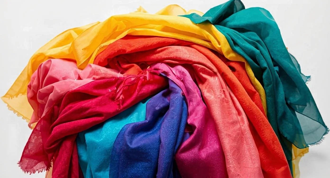 Colorful fabric scarves in shades of yellow, green, red, pink, purple, and blue layered on top of each other.